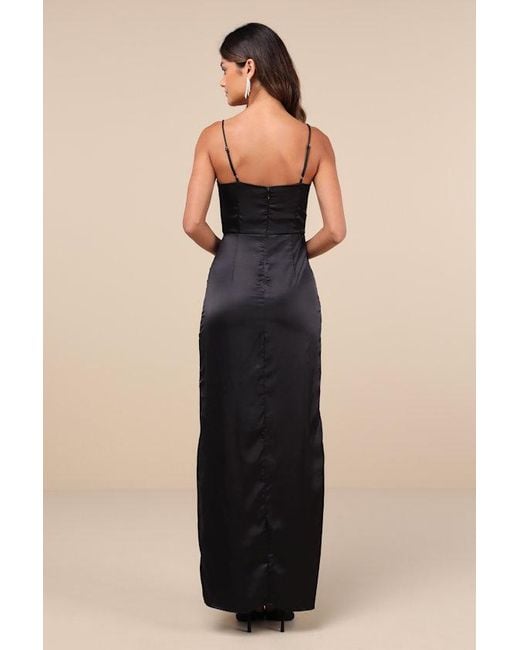 Lulus Black Stunning Expression Satin Pleated Tulip Maxi Dress