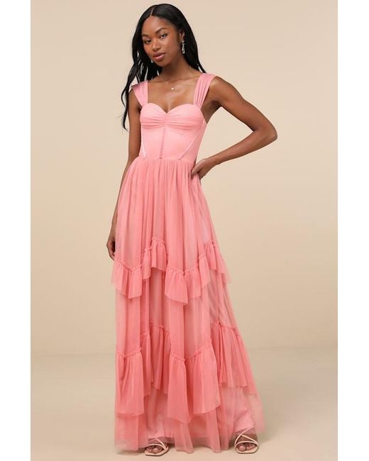 Lulus Pink Stunning Personality Mesh Off-The-Shoulder Maxi Dress