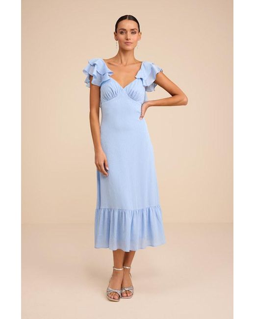 Lulus Blue Devie Satin Jacquard Flutter Sleeve Midi Dress