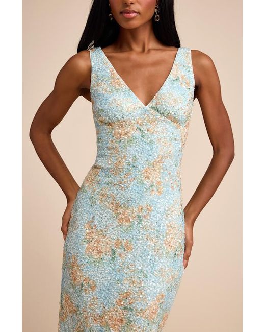 Lulus Natural Renita Floral Sequin Column Midi Dress