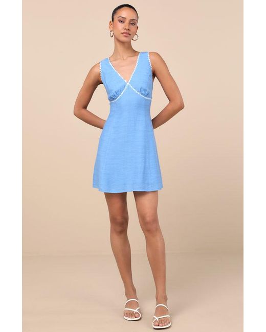 Lulus Blue Arelie Rickrack Sleeveless Mini Dress