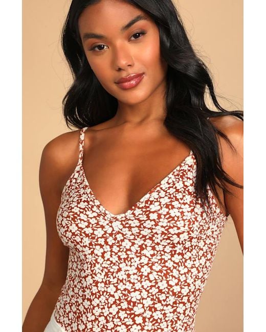 Lulus Brown Each And Every Bloom Floral Print Sleeveless Bodysuit