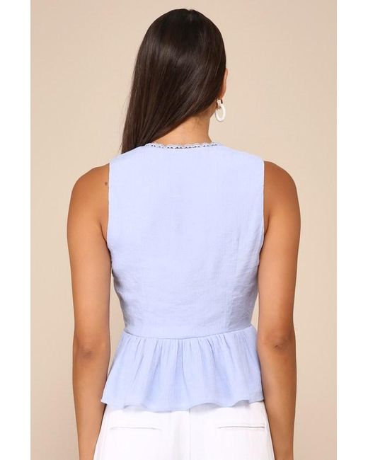 Lulus Blue Admirable Cutie Tie-Front Ruffled Sleeveless Top