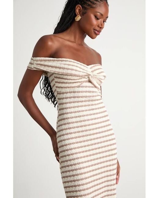 Lulus White Baia And Taupe Striped Off-The-Shoulder Midi Dress