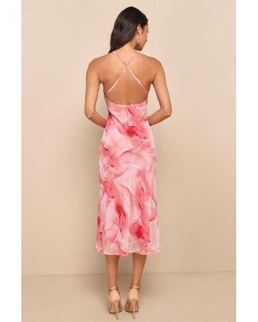 Lulus Pink Bright Charm Abstract Print Chiffon Slip Midi Dress