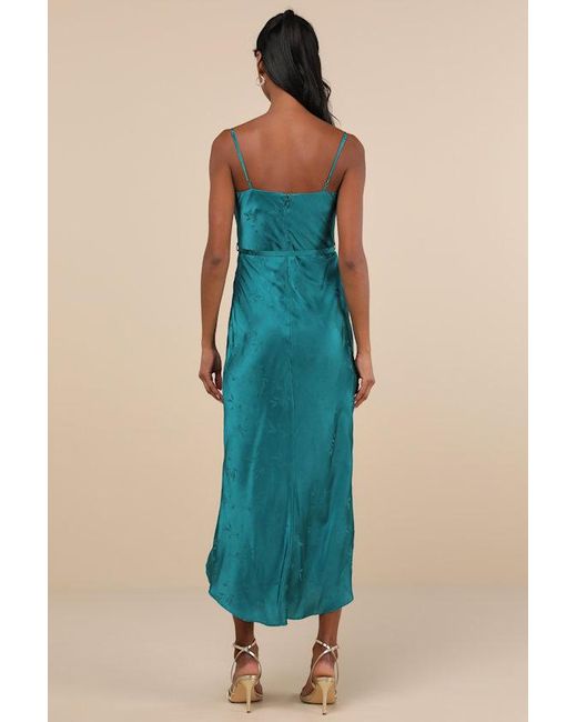 Lulus Blue Sophisticated Sight Satin Jacquard Cowl Midi Dress