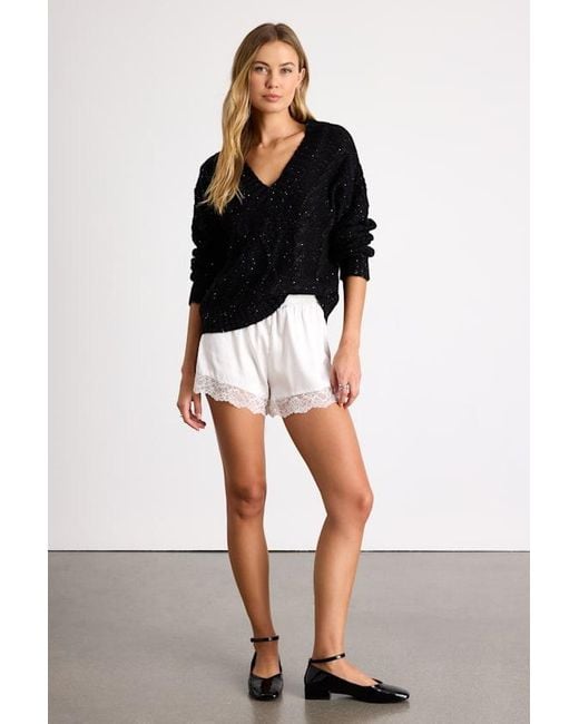 Lulus Black Ewan Sequin Cable Knit V-Neck Sweater
