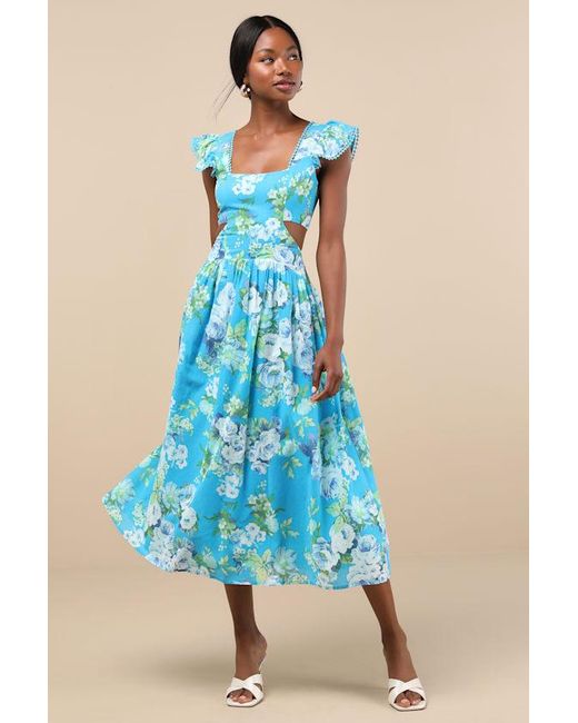 Lulus Blue Prielle Bright Floral Cutout Midi Dress