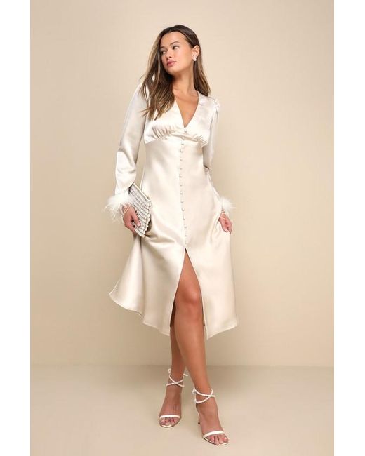 Lulus White Precious Aura Satin Feather Long Sleeve Midi Dress