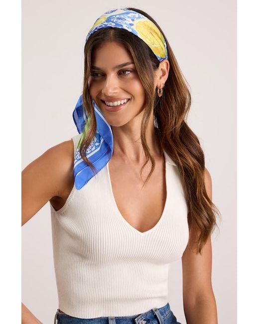 Lulus Blue Elena Lemon Print Satin Scarf