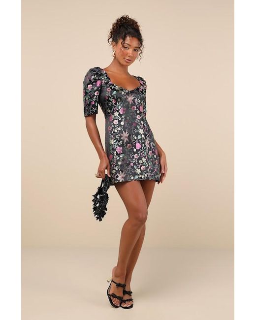 Lulus Black Decidedly Glam Floral Brocade Puff Sleeve Mini Dress