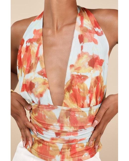 Lulus Orange Ayaka And Abstract Mesh Halter Top