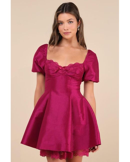 Lulus Pink Enchanting Presence Taffeta Lace Puff Sleeve Mini Dress