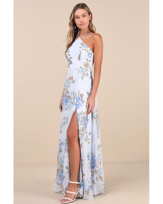 Lulus Blue Romantic Marvel Floral Print Halter Neck Maxi Dress