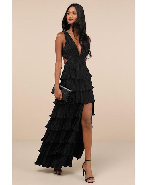 Lulus Blue Beauty Icon Satin Pleated Tiered Lace-Up Maxi Dress
