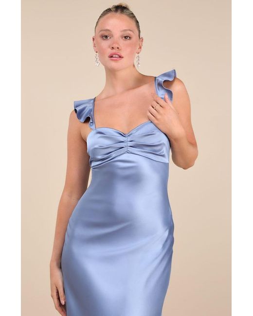 Lulus Blue Exuberant Luxury Periwinkle Satin Ruffled Lace-Up Maxi Dress