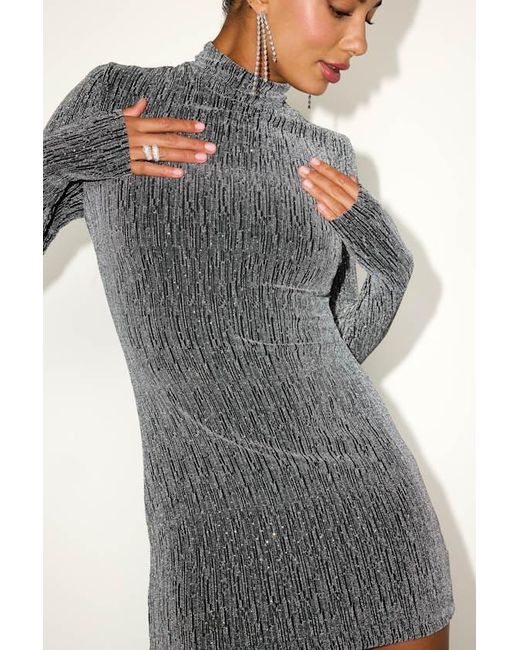 Lulus Gray Lorenza Lurex Mock Neck Mini Dress