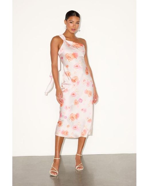 Lulus White Naima Floral Satin One-Shoulder Midi Dress