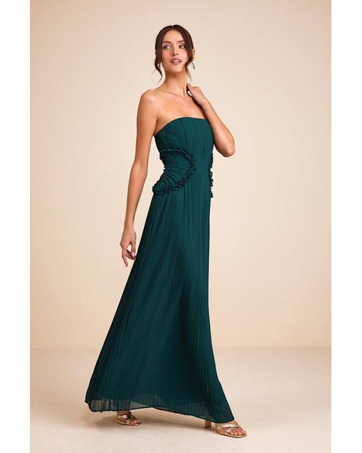 Lulus Blue Lauren Emerald Pleated Strapless Ruffled Maxi Dress