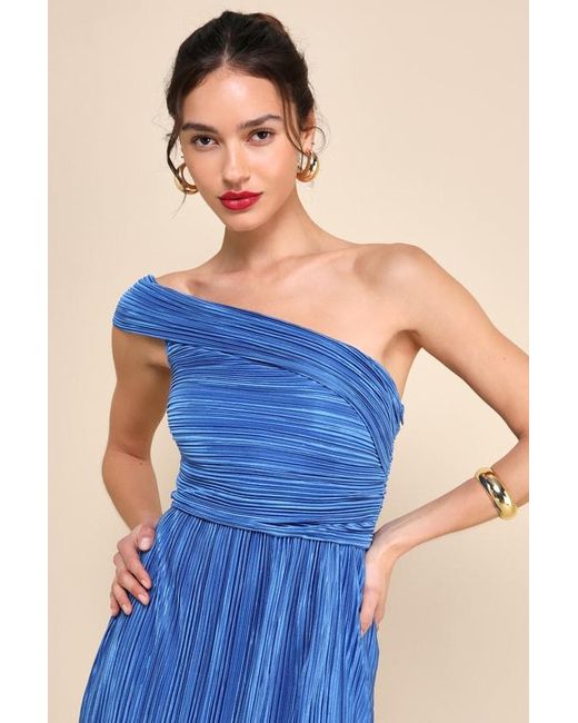 Lulus Blue Poised Performance Plisse One-Shoulder Maxi Dress