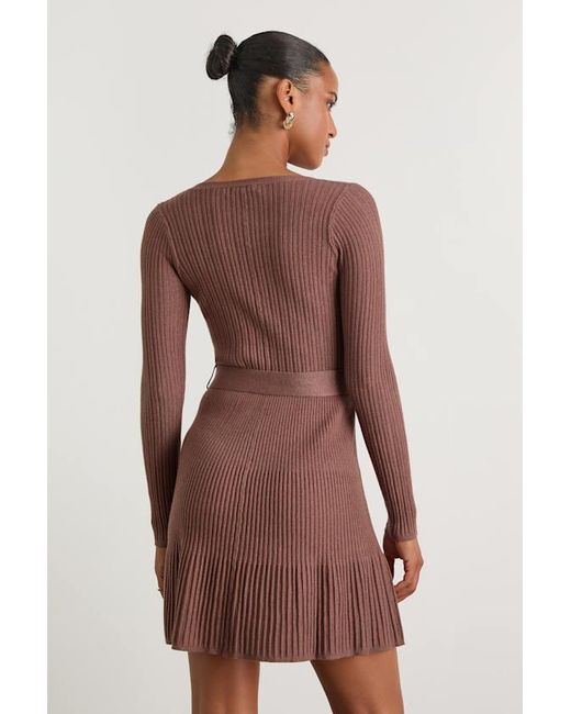 Lulus Brown Cozy Poise Heather Henley Long Sleeve Mini Sweater Dress