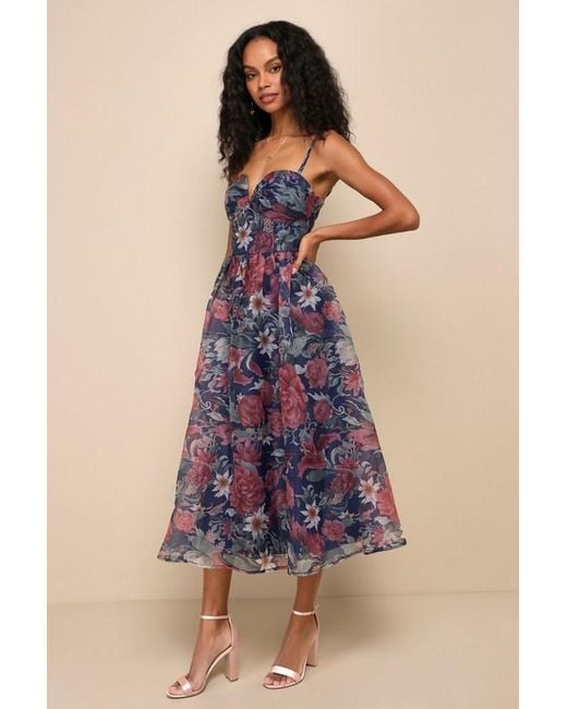 Lulus Blue Cherished Aura Floral Organza Bustier Midi Dress