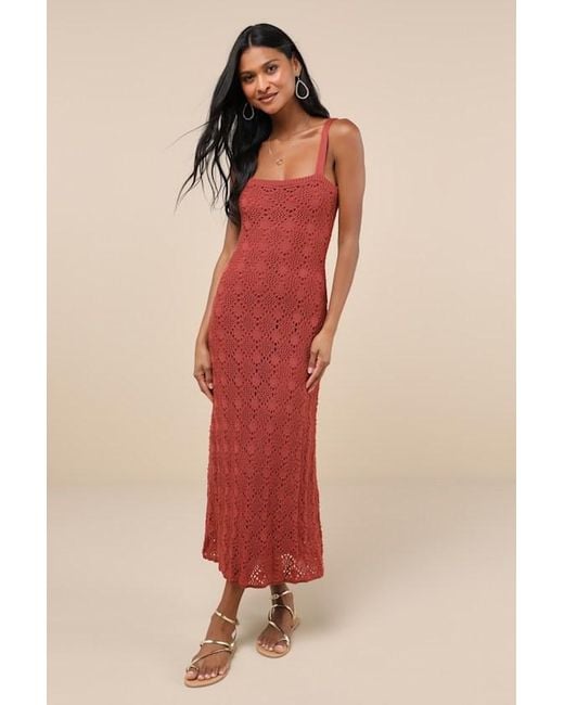 Lulus Red Doubled Up Cutie Rust Crochet Two-Piece Sweater Midi Dress