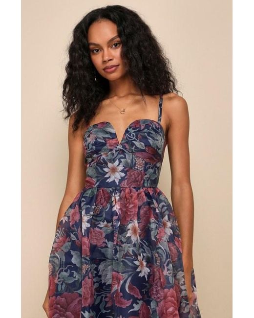 Lulus Blue Cherished Aura Floral Organza Bustier Midi Dress