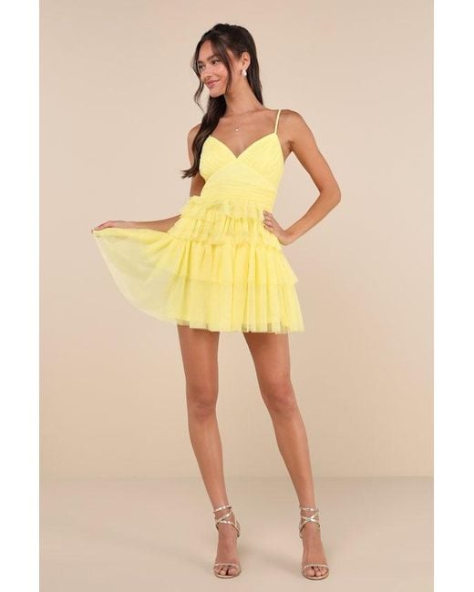 Lulus Yellow Special Poise Tulle Pleated Sleeveless Tiered Mini Dress