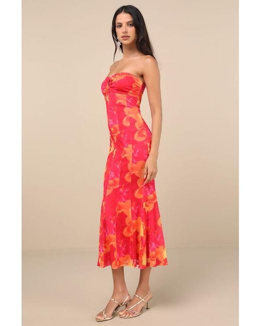 Lulus Red Islay Floral Abstract Mesh Strapless Midi Dress