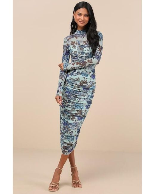Lulus Blue Impressive Flirt Floral Mesh Ruched Mock Neck Midi Dress
