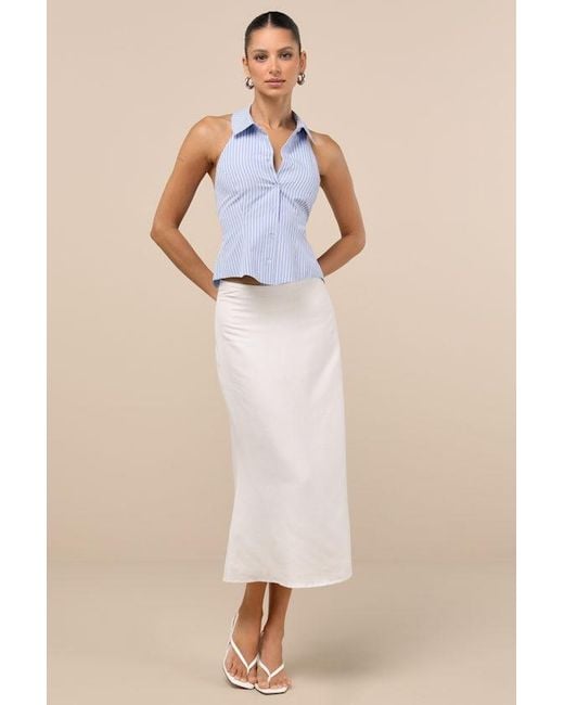 Lulus Blue Giosetta Pinstriped Button-Front Halter Top