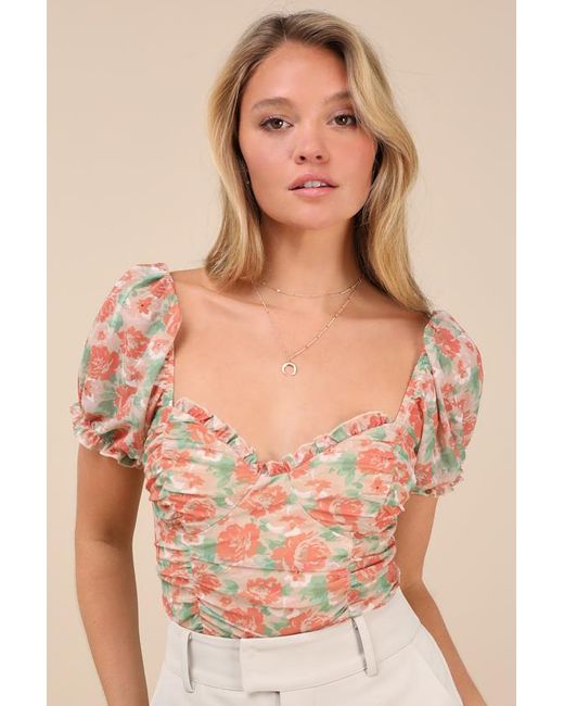 Lulus Orange Vibrant Flirt Floral Mesh Puff Sleeve Ruched Bodysuit