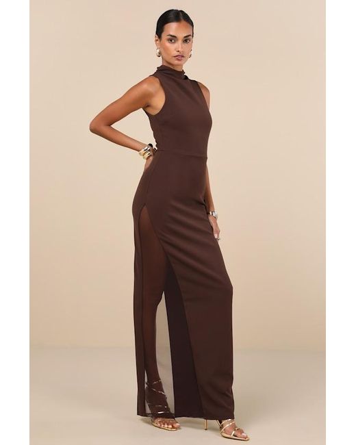 Lulus Natural Alluring Influence Dark Mock Neck Sleeveless Maxi Dress