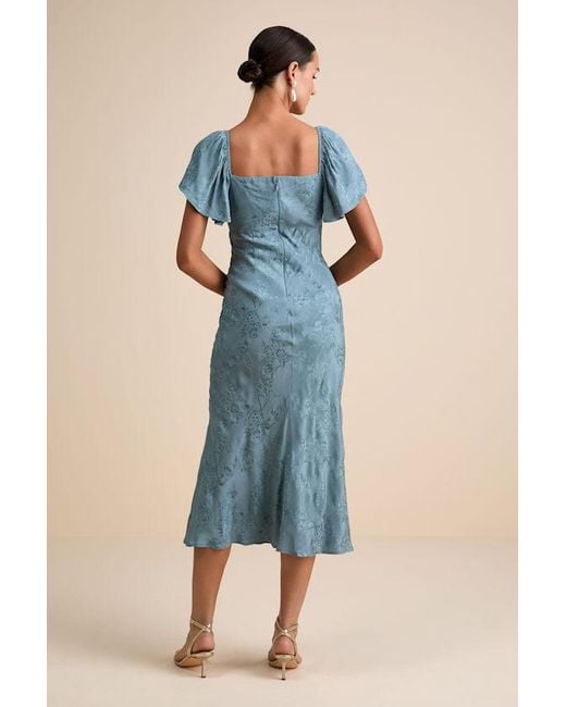 Lulus Blue Effervescent Afternoon Slate Satin Flutter Sleeve Midi Dress