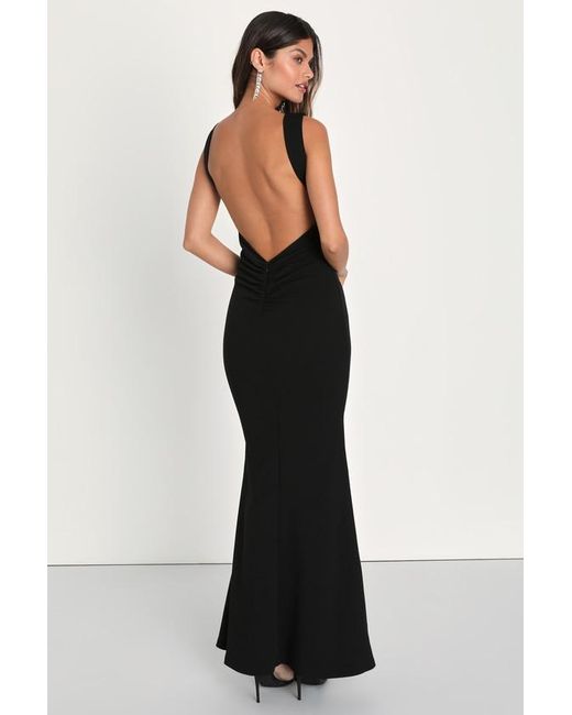 Lulus Black Alluring Temptation Backless Ruched Mermaid Maxi Dress