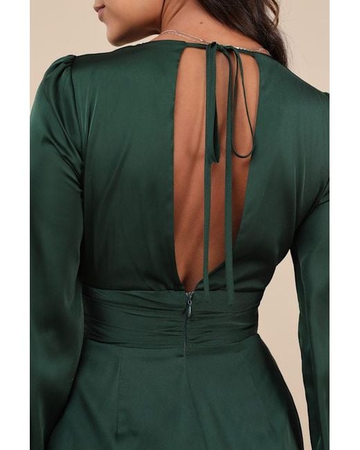 Lulus Green Unbelievable Chicness Satin Long Sleeve Wide-Leg Jumpsuit