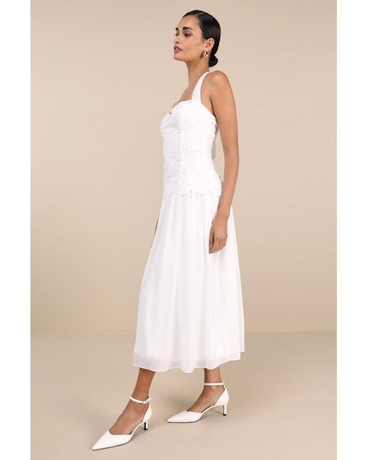 sachin and babi light blue dress Denim Halter Drop Waist Fit And Flare Smocked Back Midi Dress