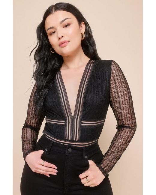 Lulus Black Casita Sheer Lace Long Sleeve Bodysuit