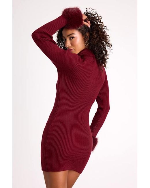 Lulus Red Labelle Ribbed Faux Fur Sweater Mini Dress