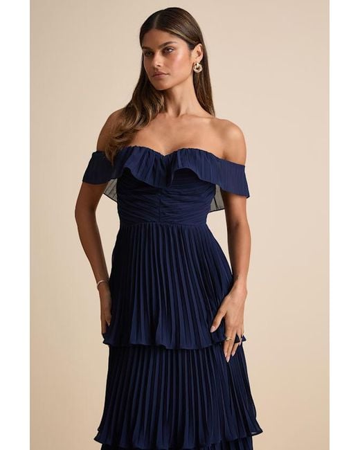 Lulus Blue Always Remarkable Pleated Off-The-Shoulder Maxi Dress