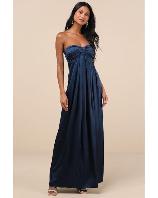Lulus Blue Memorable Entrance Strapless Satin Maxi Dress