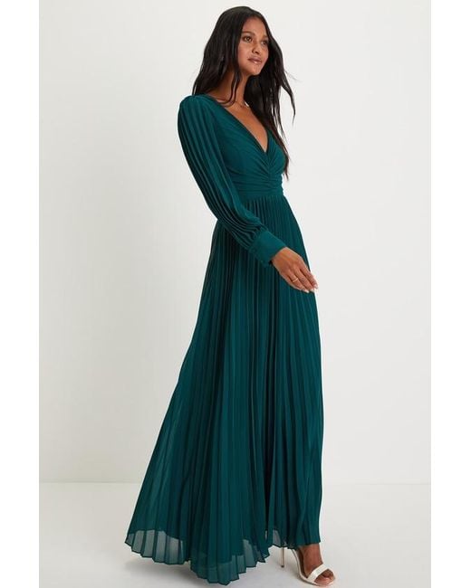 Lulus Green Sophisticated Grace Pleated Long Sleeve Maxi Dress