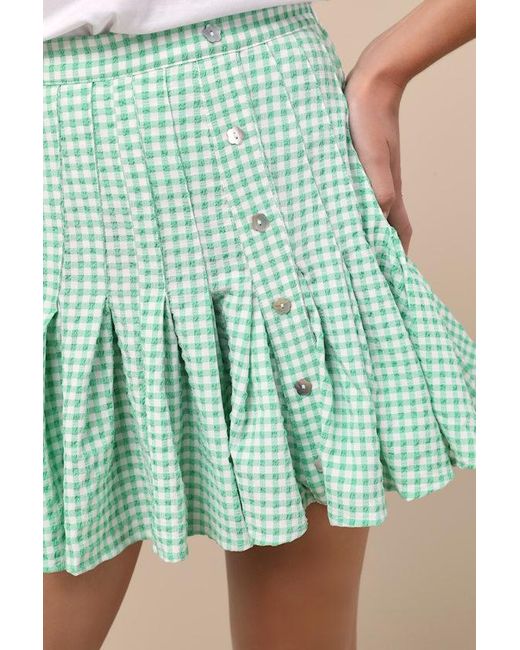 JACQUIE THE LABEL Green Natalia Gingham Pleated Mini Skirt