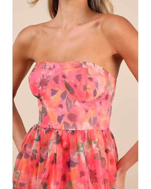Lulus Red Wonderful Waltz Floral Print Strapless Bustier Maxi Dress
