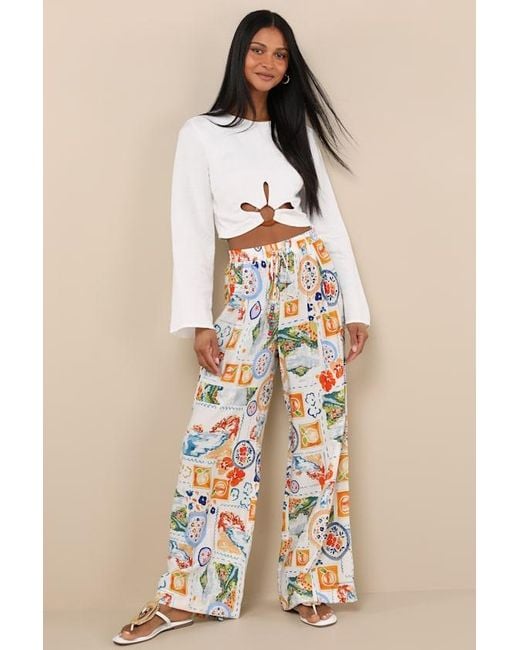 Lulus Natural Eydis Multi Print Wide-Leg Drawstring Pants