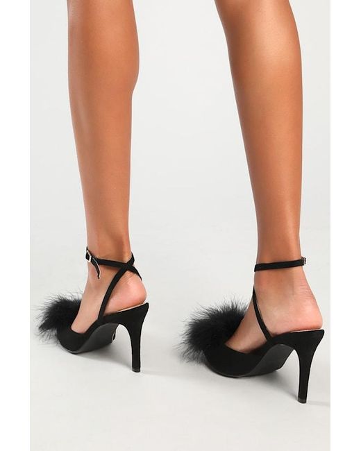 Lulus Black Brodyy Feather Pointed-Toe Ankle Strap Pumps