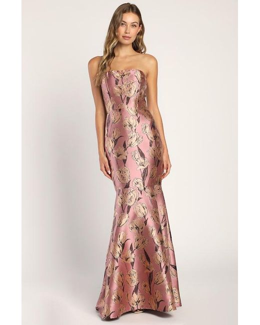 Lulus Purple Gowning Around Floral Jacquard Strapless Maxi Dress