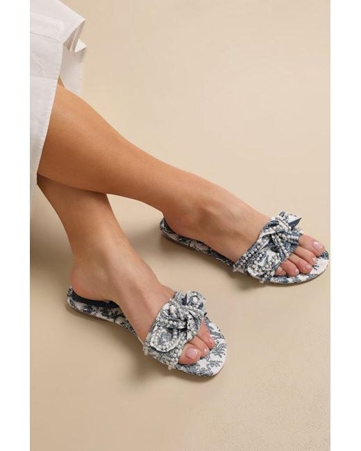 Steve Madden Blue Misha Multi Floral Knotted Pearl Slide Sandals