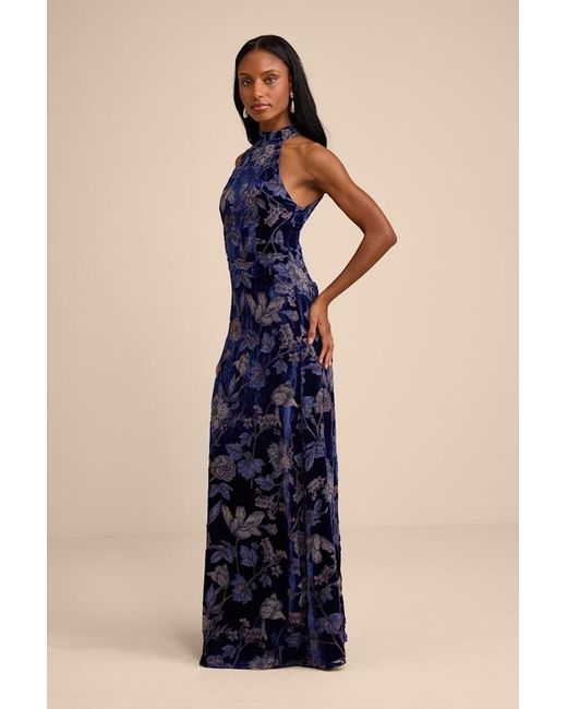 Lulus Blue Amberline Velvet Burnout Halter Maxi Dress